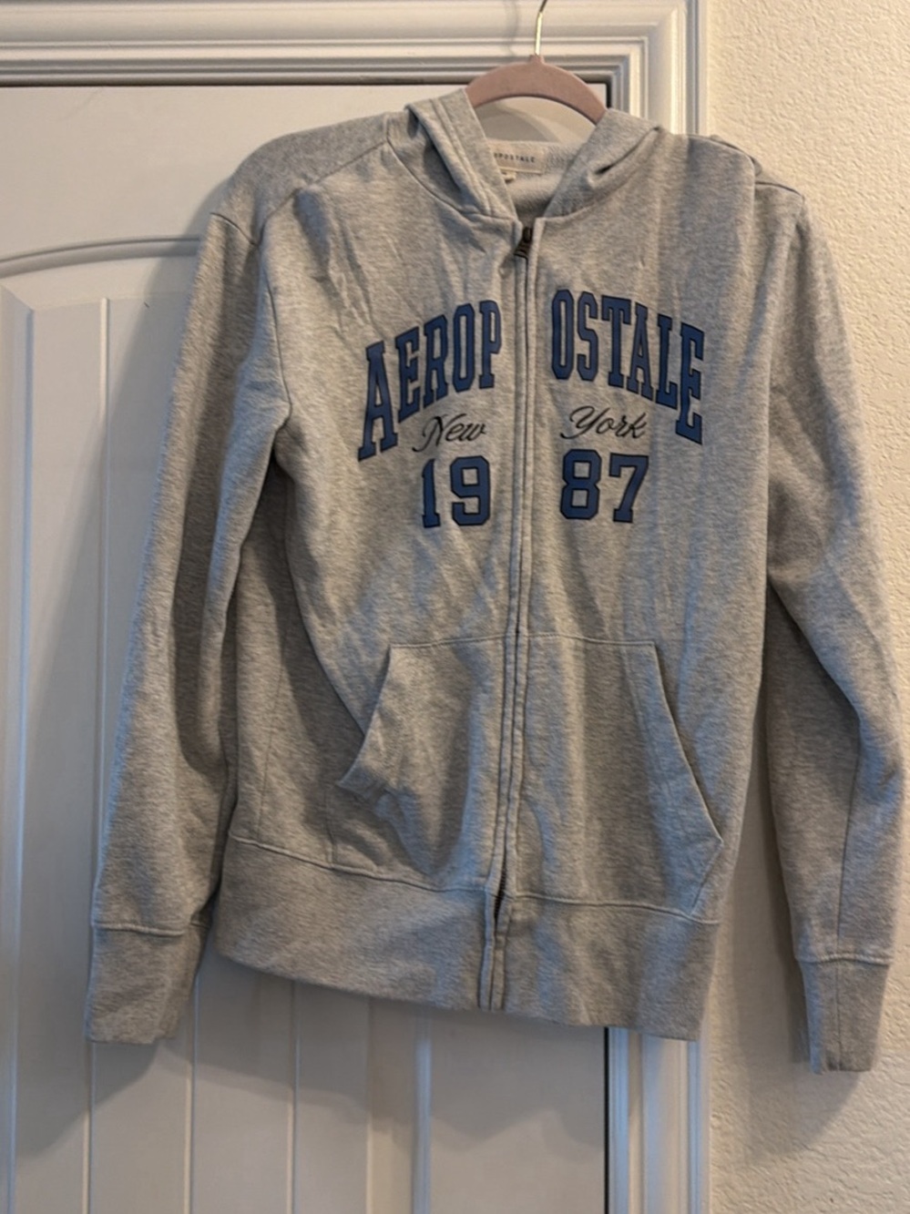 Aeropostale Womens Grey Zip-Up Hoodie with Blue Logo, Sz XS